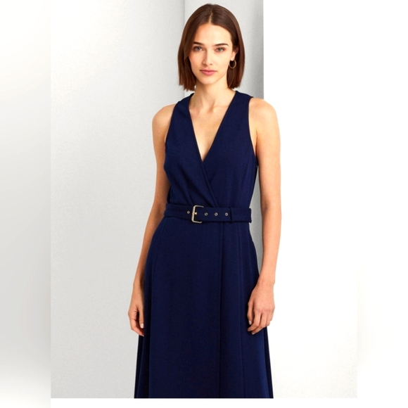 RALPH LAUREN BELTED HERRINGBONE JACQUARD NAVY DRESS NWT SIZE 12 - Picture 4 of 4